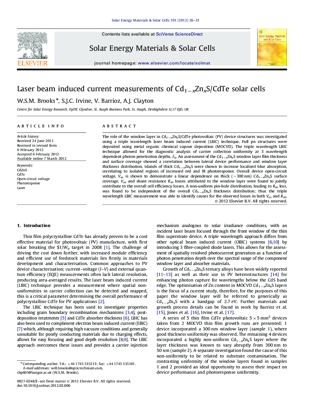 Laser beam induced current measurements of Cd1−xZnxS/CdTe solar cells