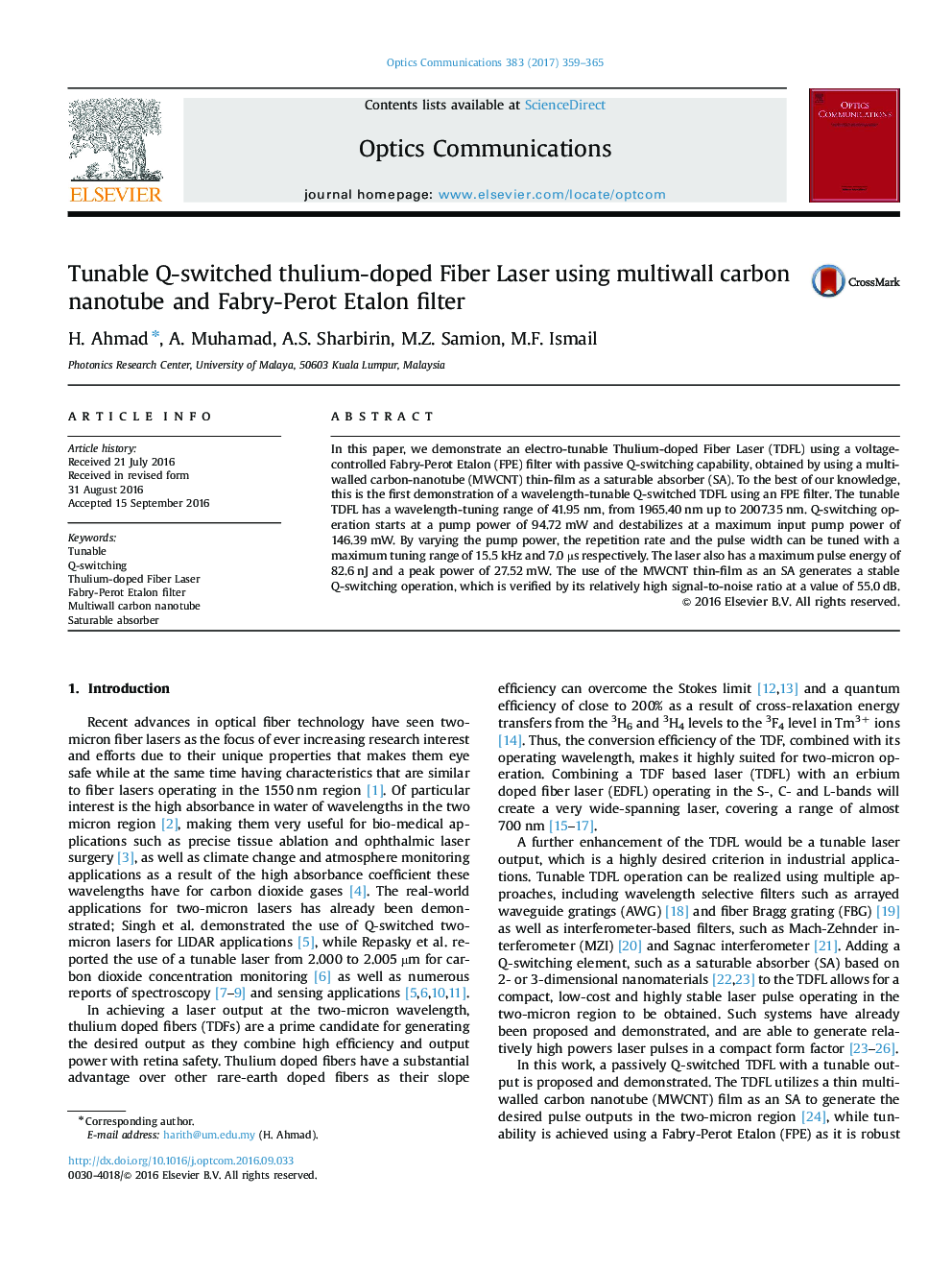 Tunable Q-switched thulium-doped Fiber Laser using multiwall carbon nanotube and Fabry-Perot Etalon filter