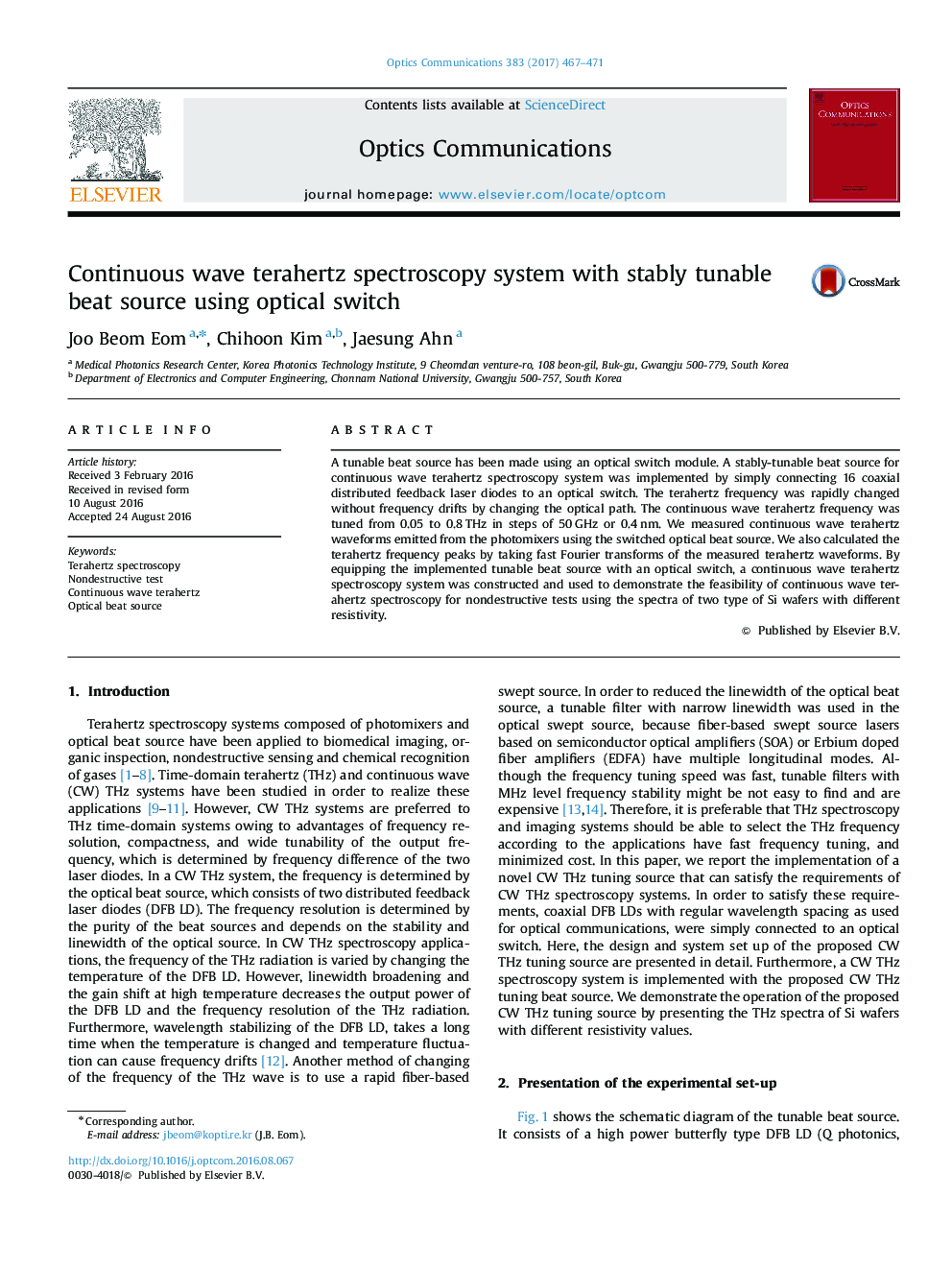 Continuous wave terahertz spectroscopy system with stably tunable beat source using optical switch