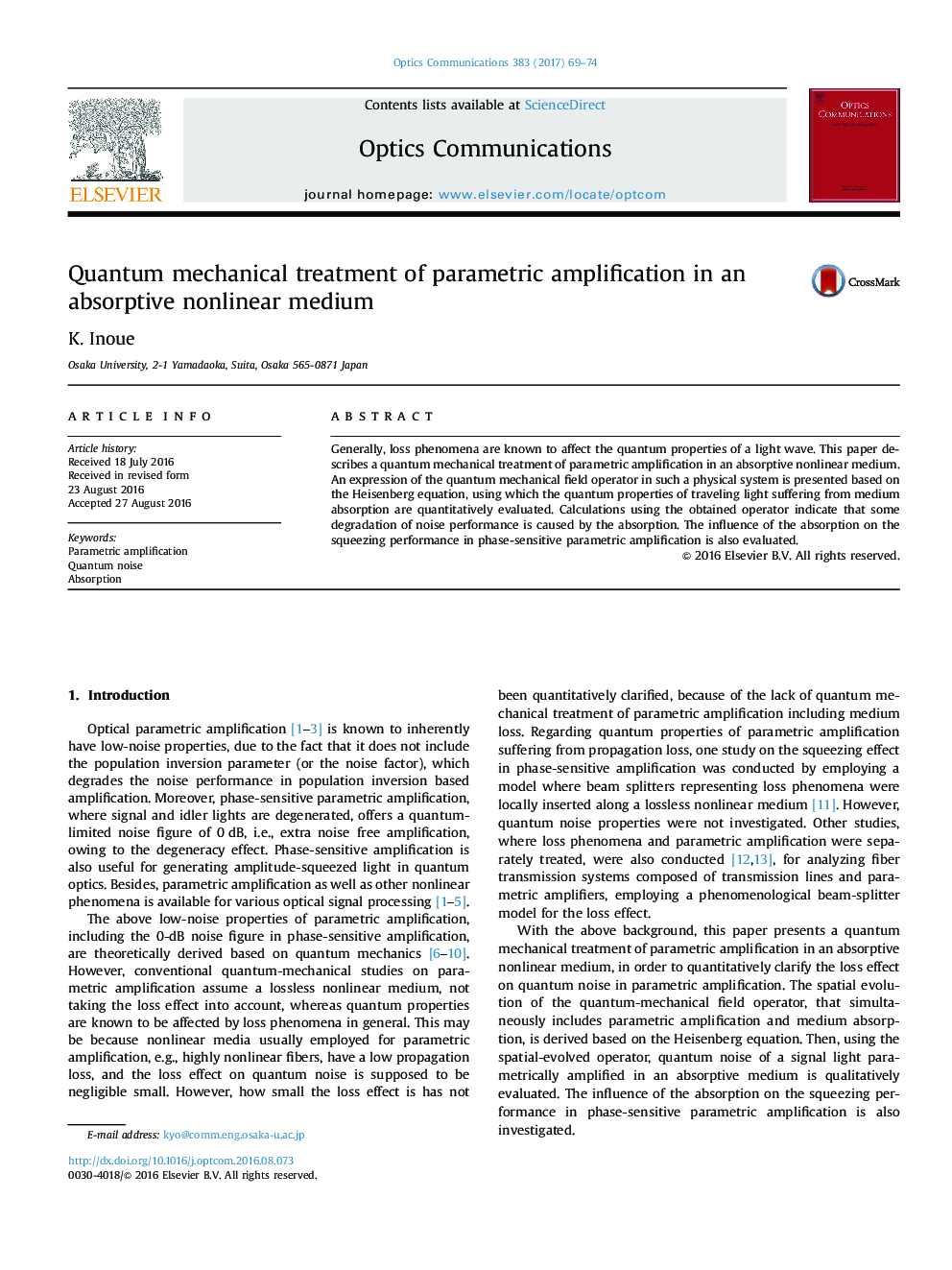 Quantum mechanical treatment of parametric amplification in an absorptive nonlinear medium