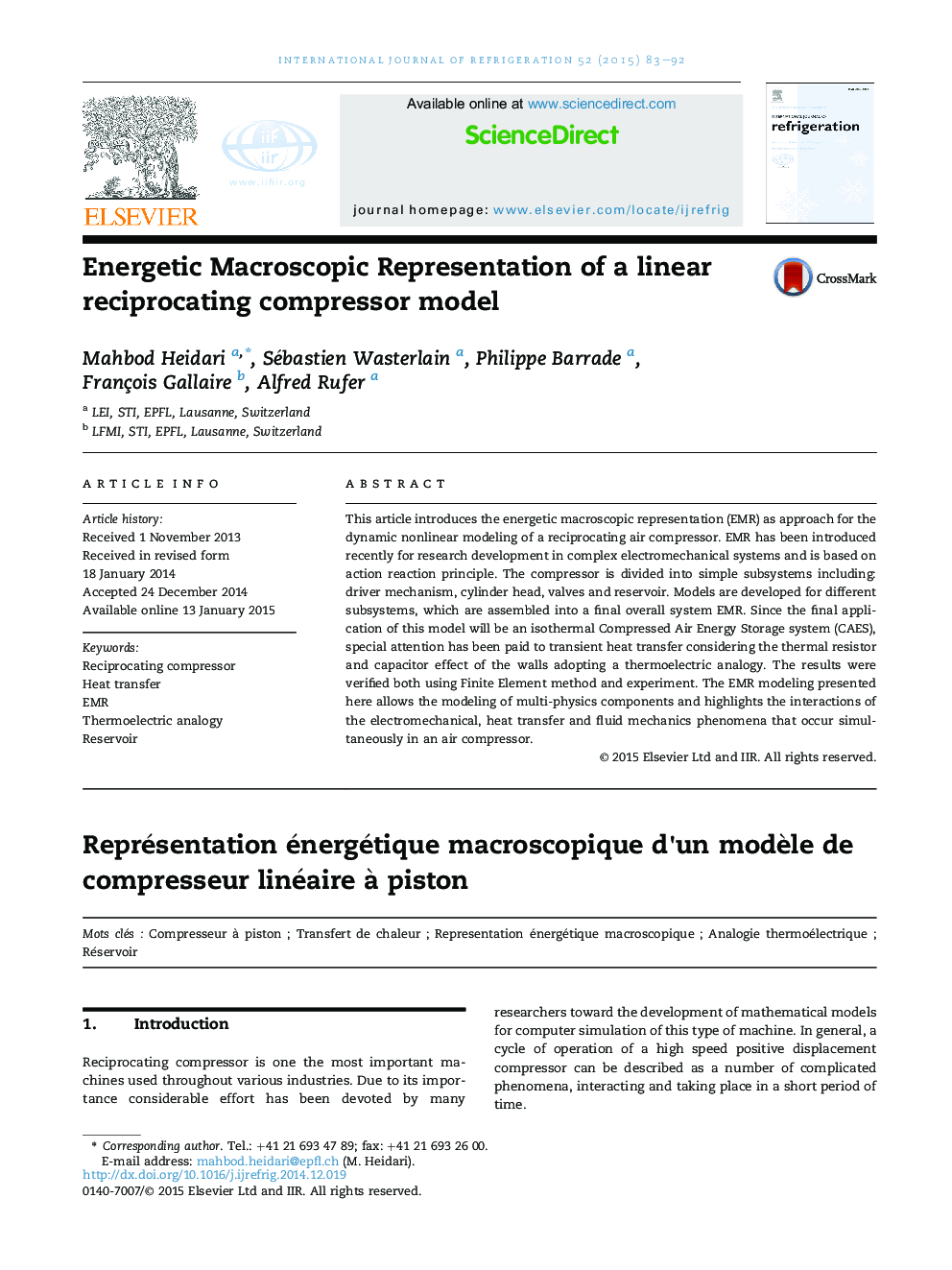 Energetic Macroscopic Representation of a linear reciprocating compressor model