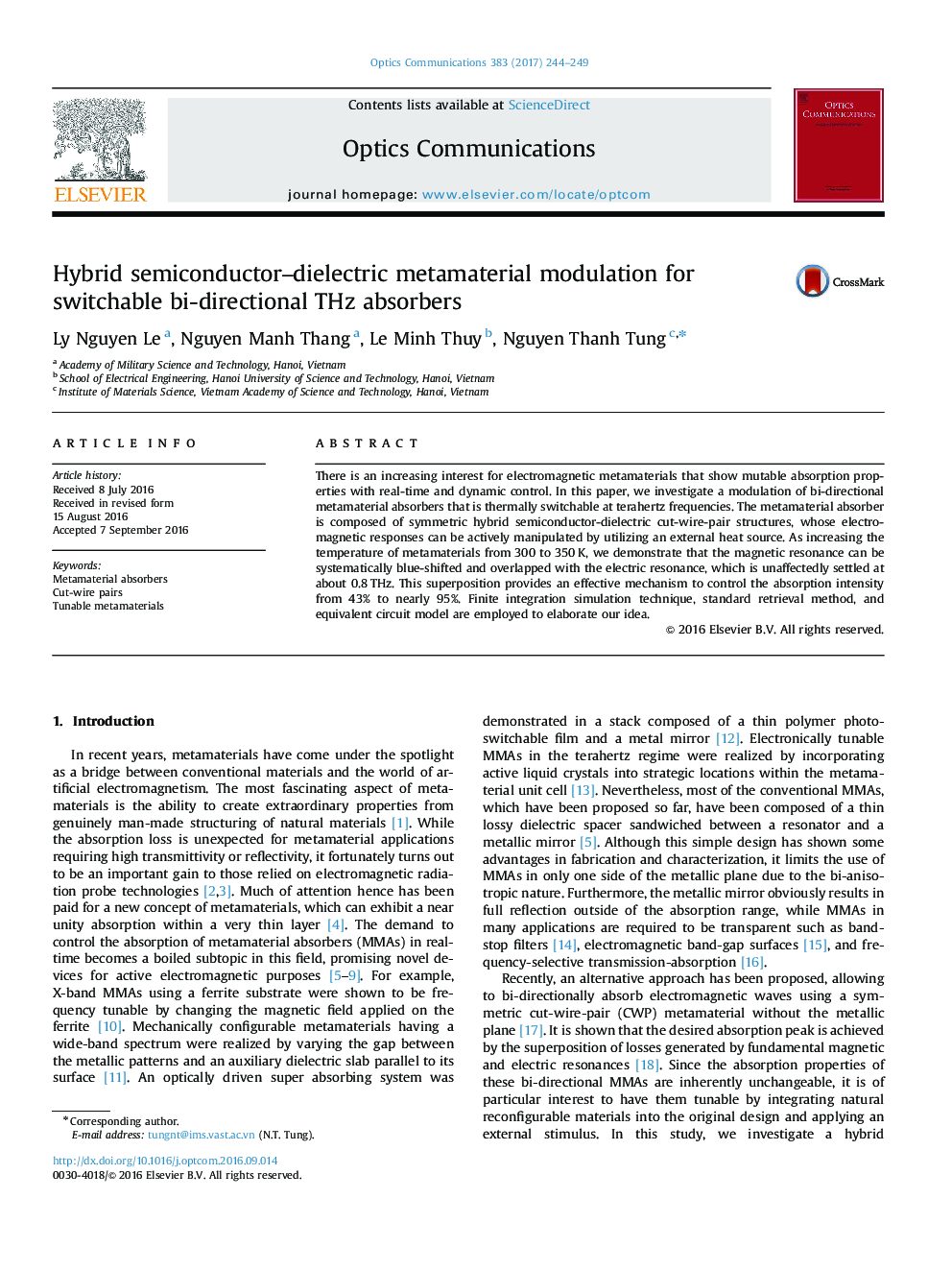 عکس صفحه اول مقاله: Hybrid semiconductor-dielectric metamaterial modulation for switchable bi-directional THz absorbers Hybrid semiconductor-dielectric metamaterial modulation for switchable bi-directional THz absorbers