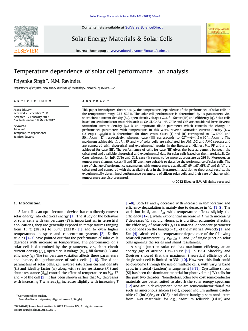 Temperature dependence of solar cell performance—an analysis