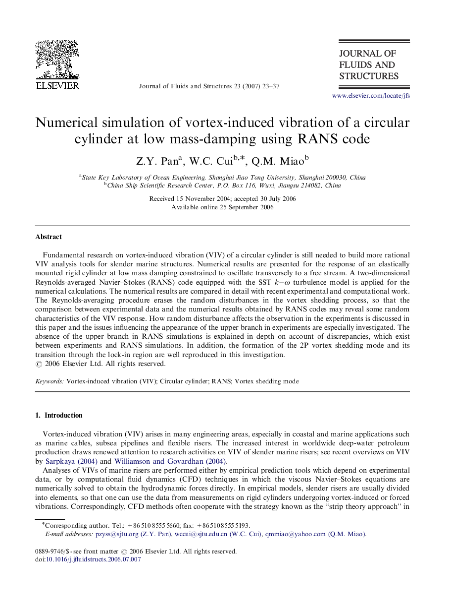 Numerical simulation of vortex-induced vibration of a circular cylinder at low mass-damping using RANS code