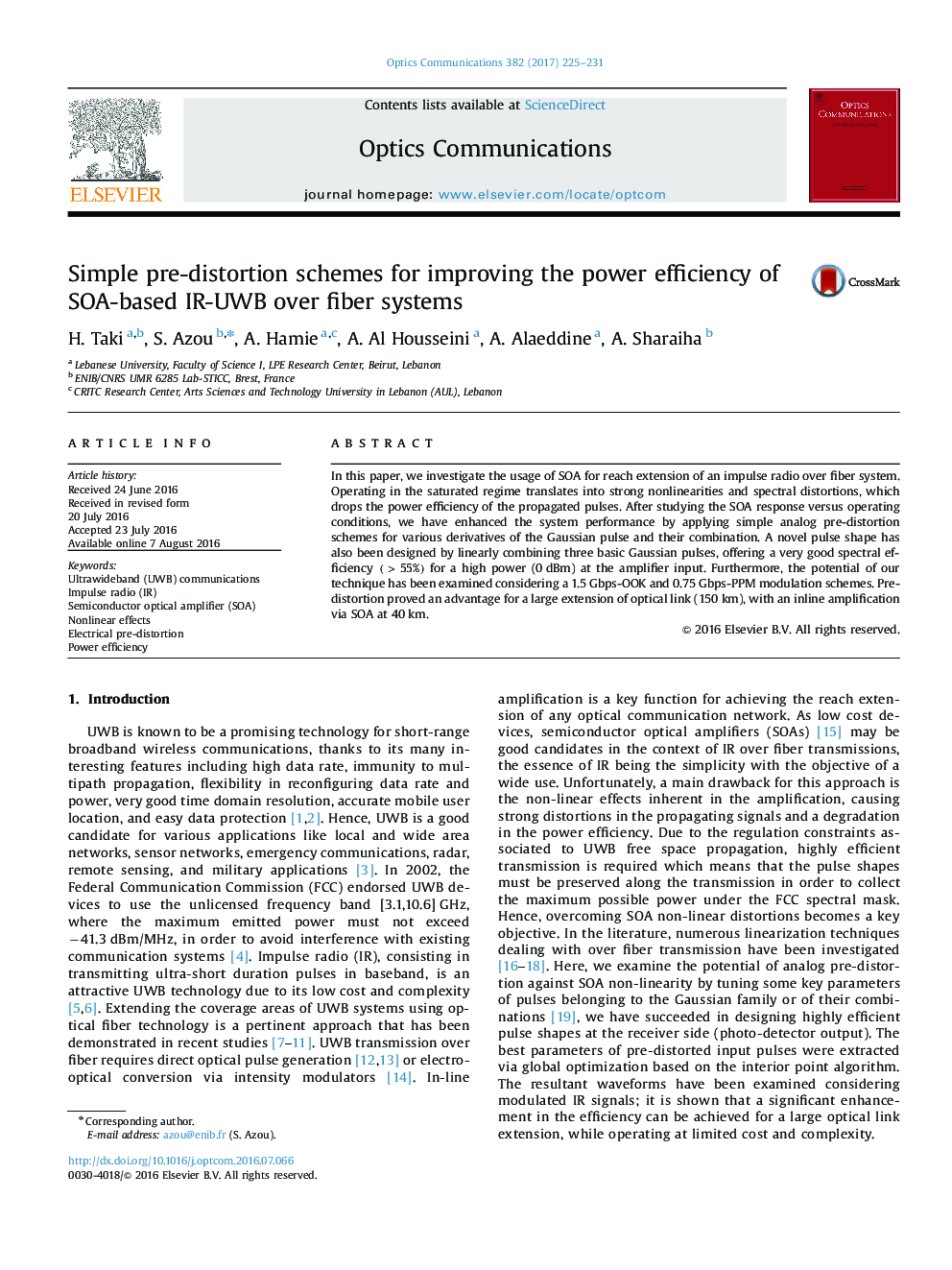 Simple pre-distortion schemes for improving the power efficiency of SOA-based IR-UWB over fiber systems
