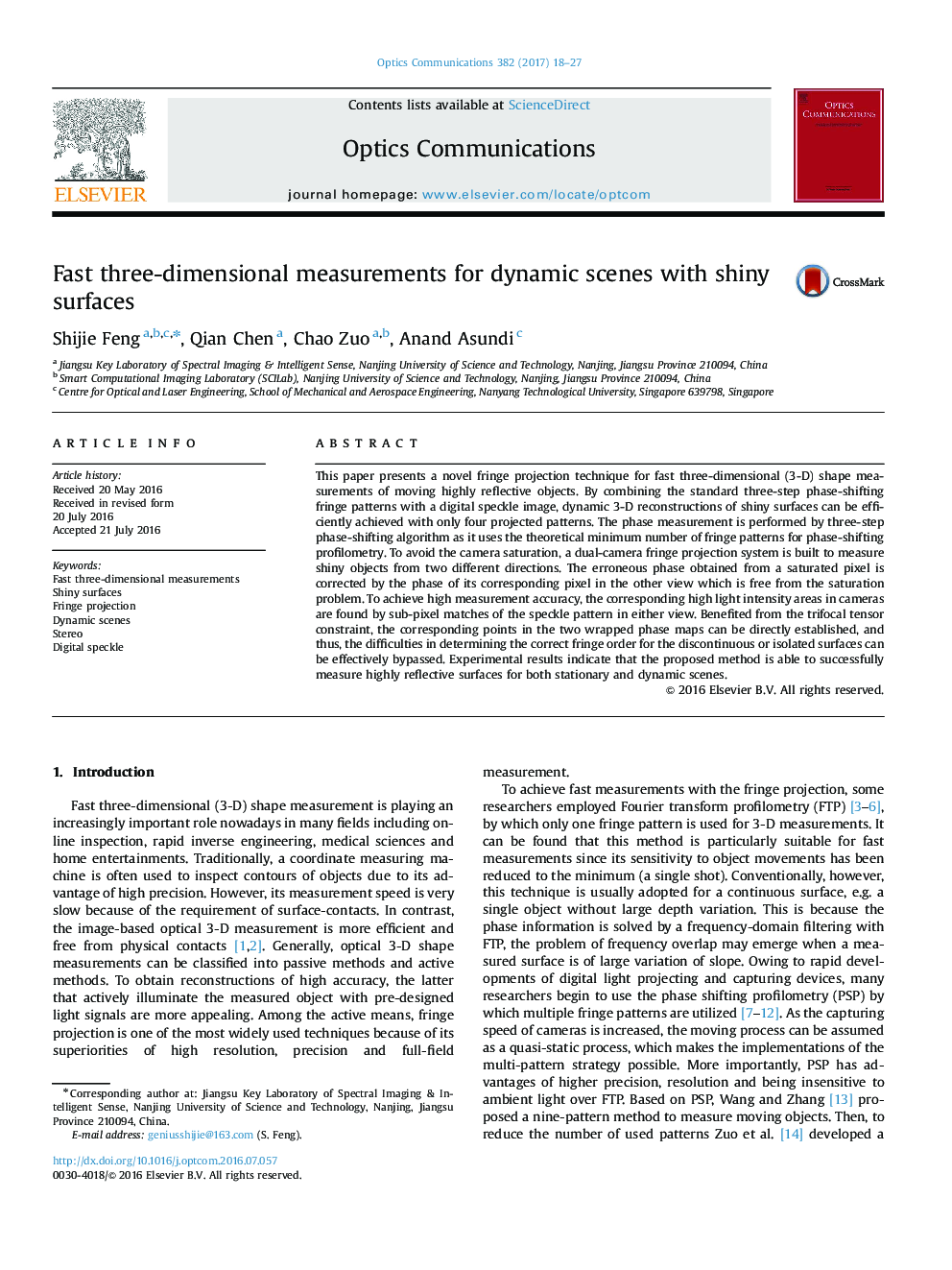 Fast three-dimensional measurements for dynamic scenes with shiny surfaces