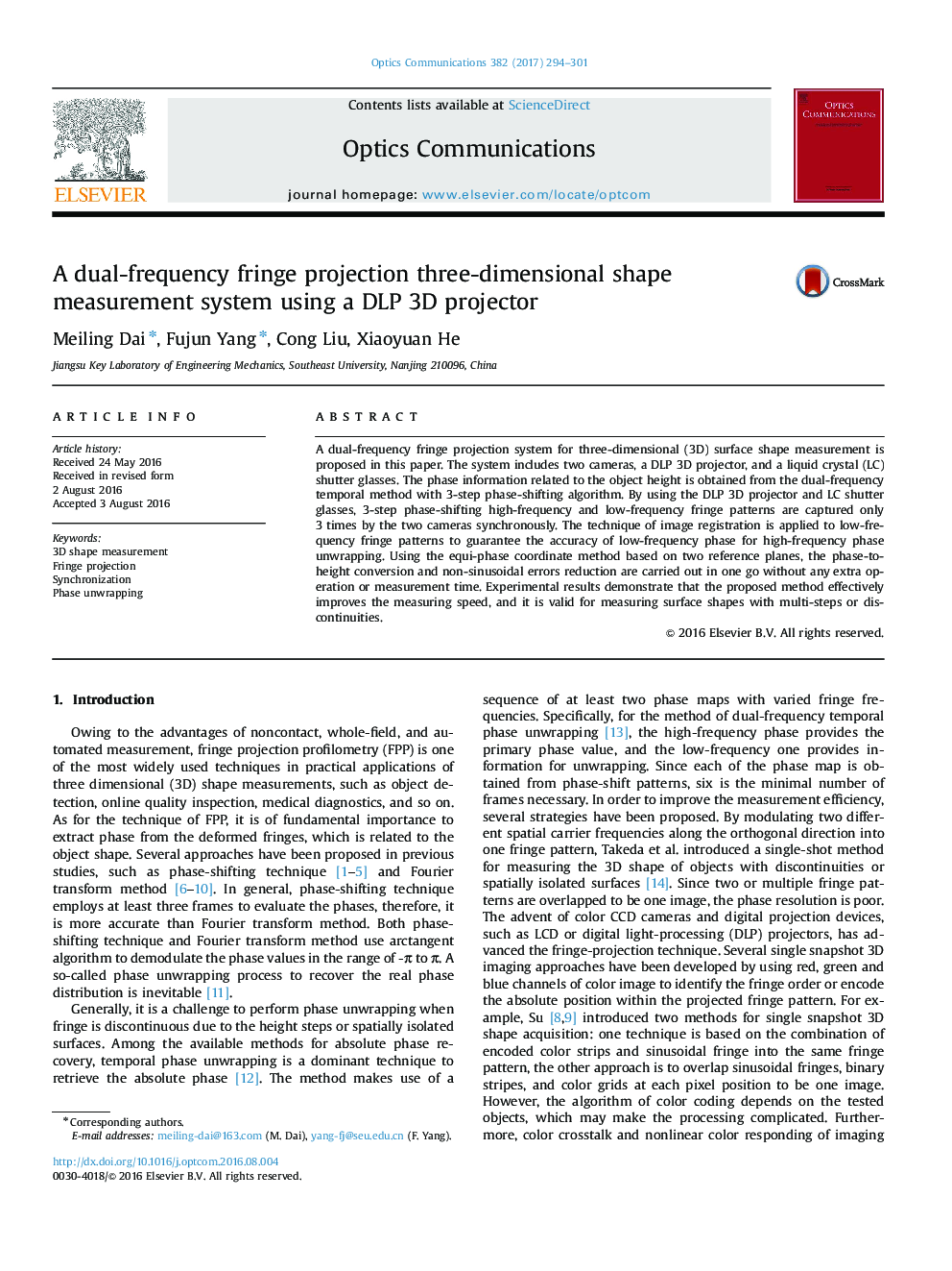 A dual-frequency fringe projection three-dimensional shape measurement system using a DLP 3D projector