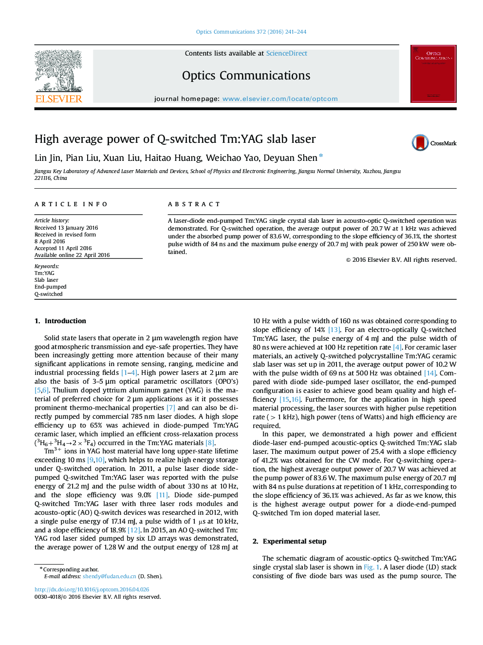 High average power of Q-switched Tm:YAG slab laser