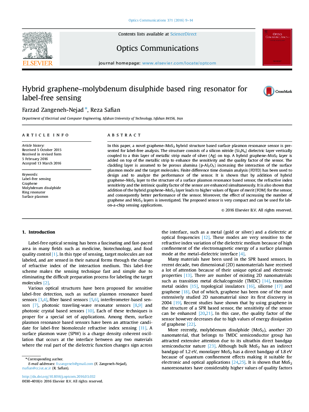 Hybrid graphene-molybdenum disulphide based ring resonator for label-free sensing