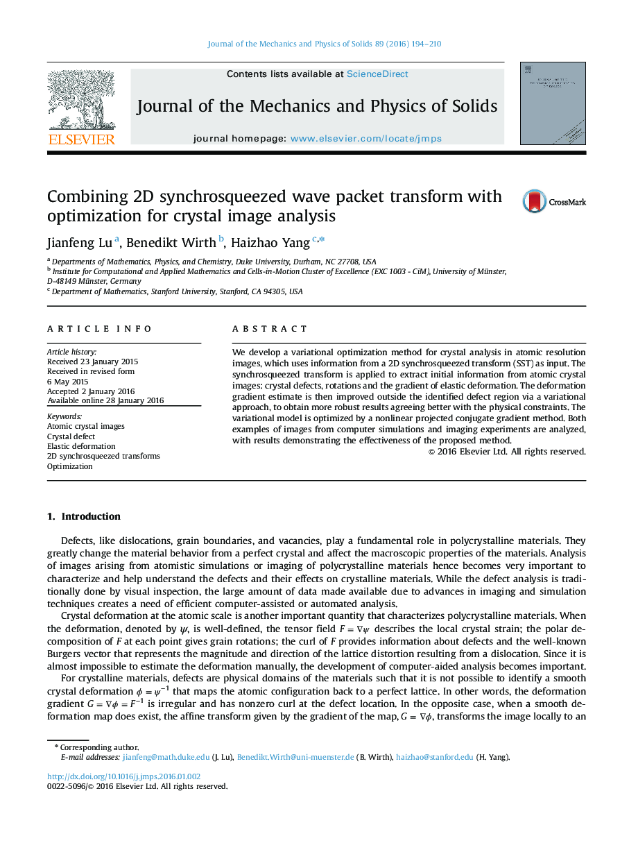 Combining 2D synchrosqueezed wave packet transform with optimization for crystal image analysis