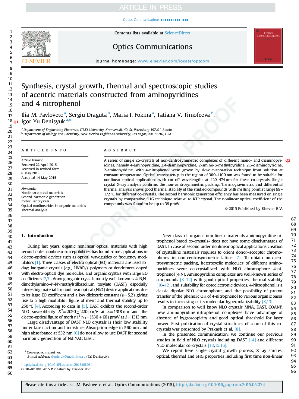 Synthesis, crystal growth, thermal and spectroscopic studies of acentric materials constructed from aminopyridines and 4-nitrophenol