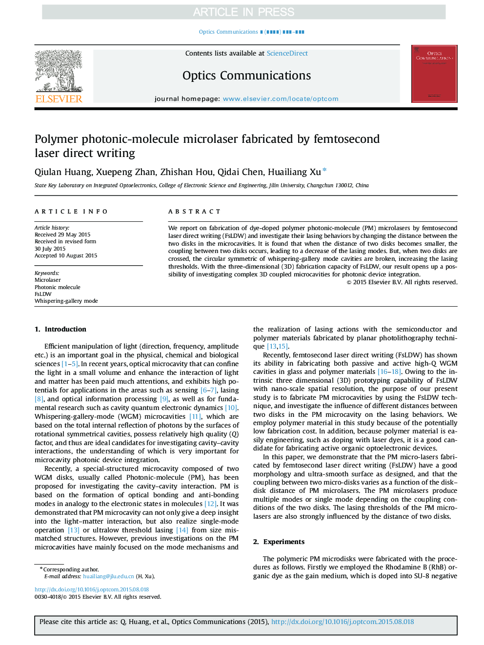 Polymer photonic-molecule microlaser fabricated by femtosecond laser direct writing