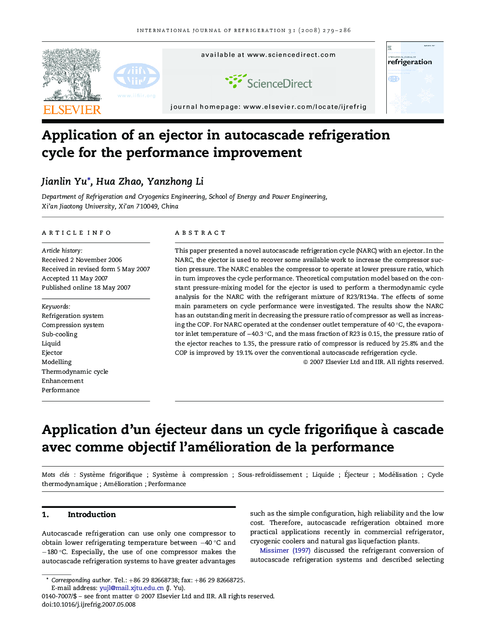 Application of an ejector in autocascade refrigeration cycle for the performance improvement