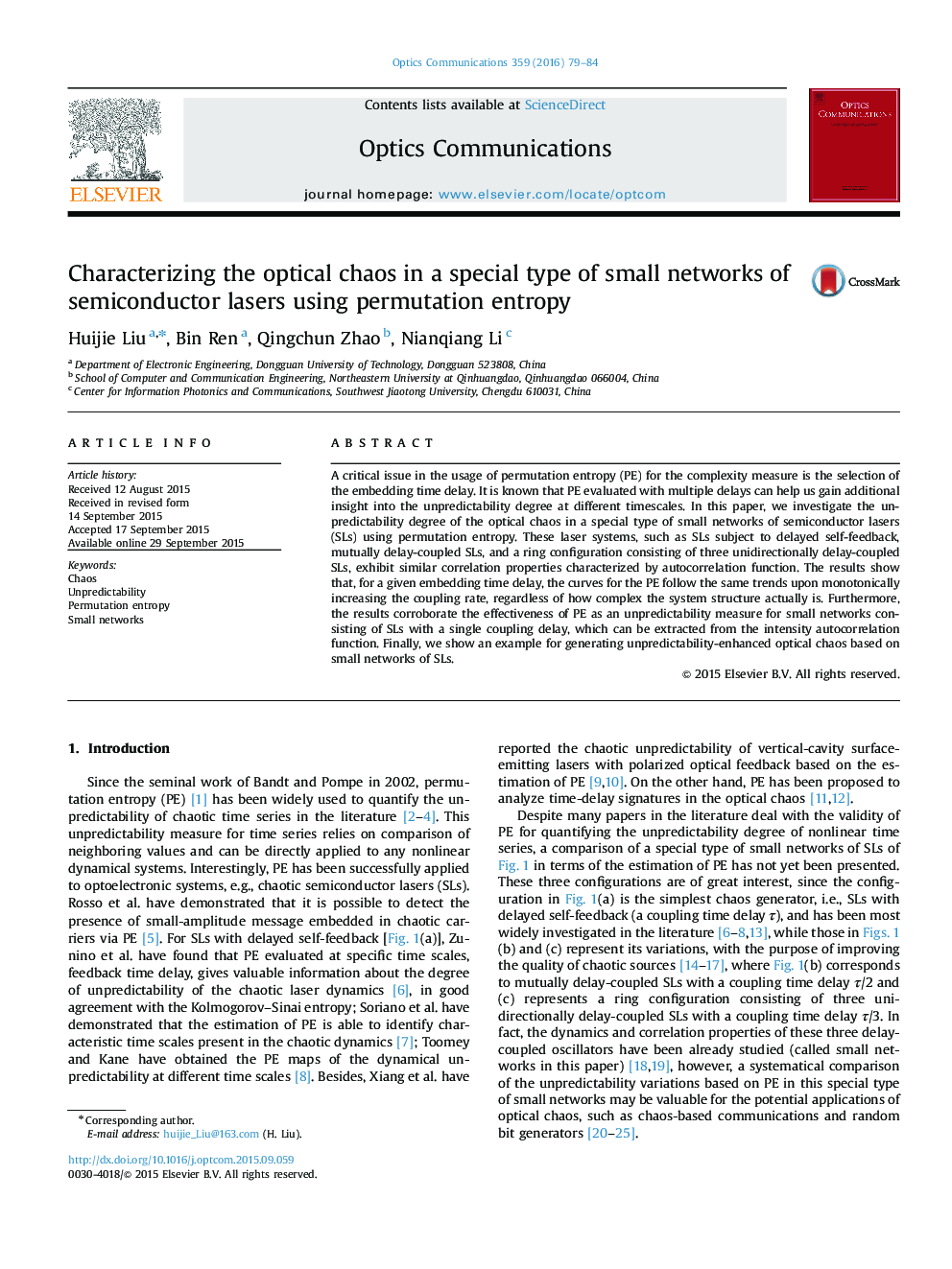 Characterizing the optical chaos in a special type of small networks of semiconductor lasers using permutation entropy