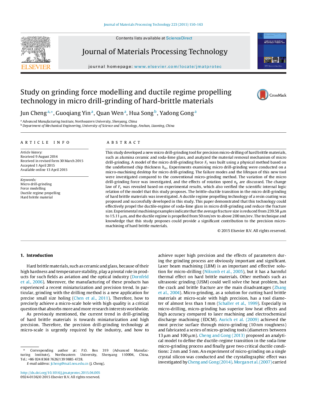 Study on grinding force modelling and ductile regime propelling technology in micro drill-grinding of hard-brittle materials