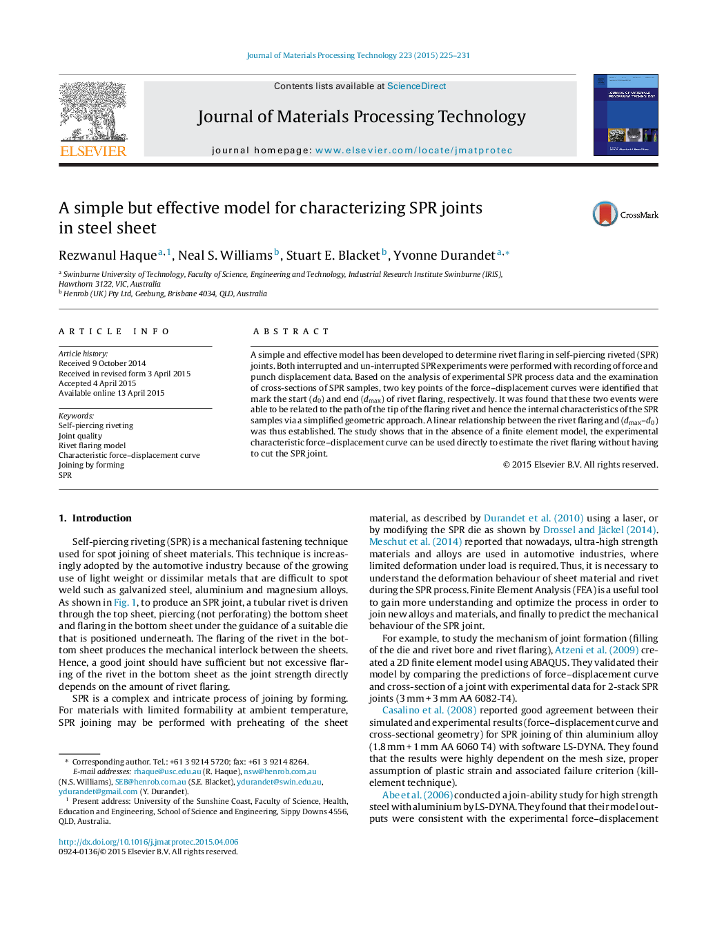 A simple but effective model for characterizing SPR joints in steel sheet