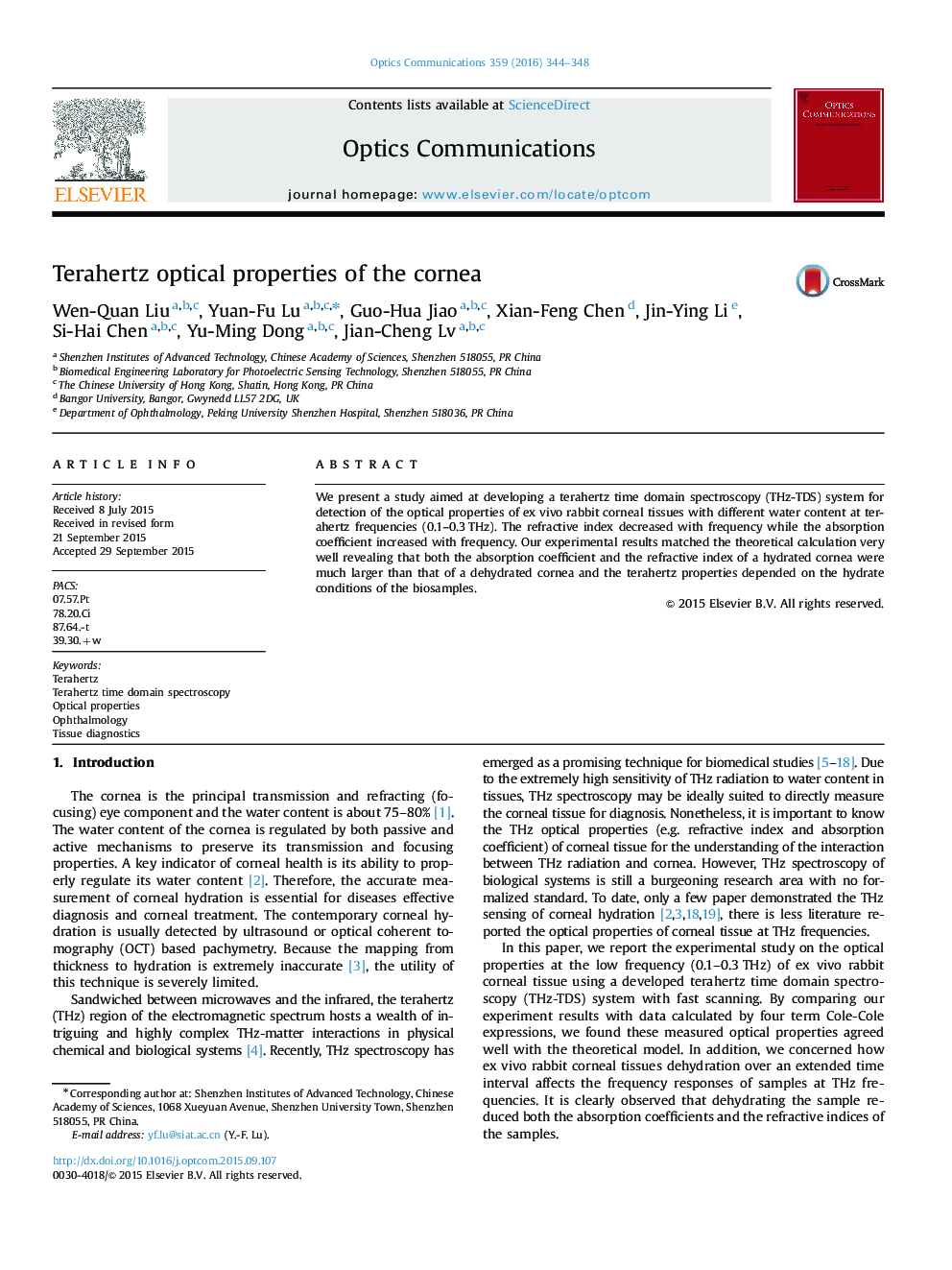 Terahertz optical properties of the cornea
