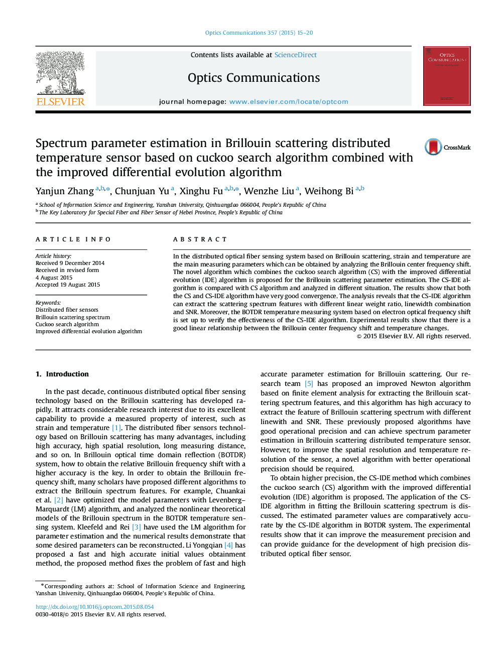 Spectrum parameter estimation in Brillouin scattering distributed temperature sensor based on cuckoo search algorithm combined with the improved differential evolution algorithm
