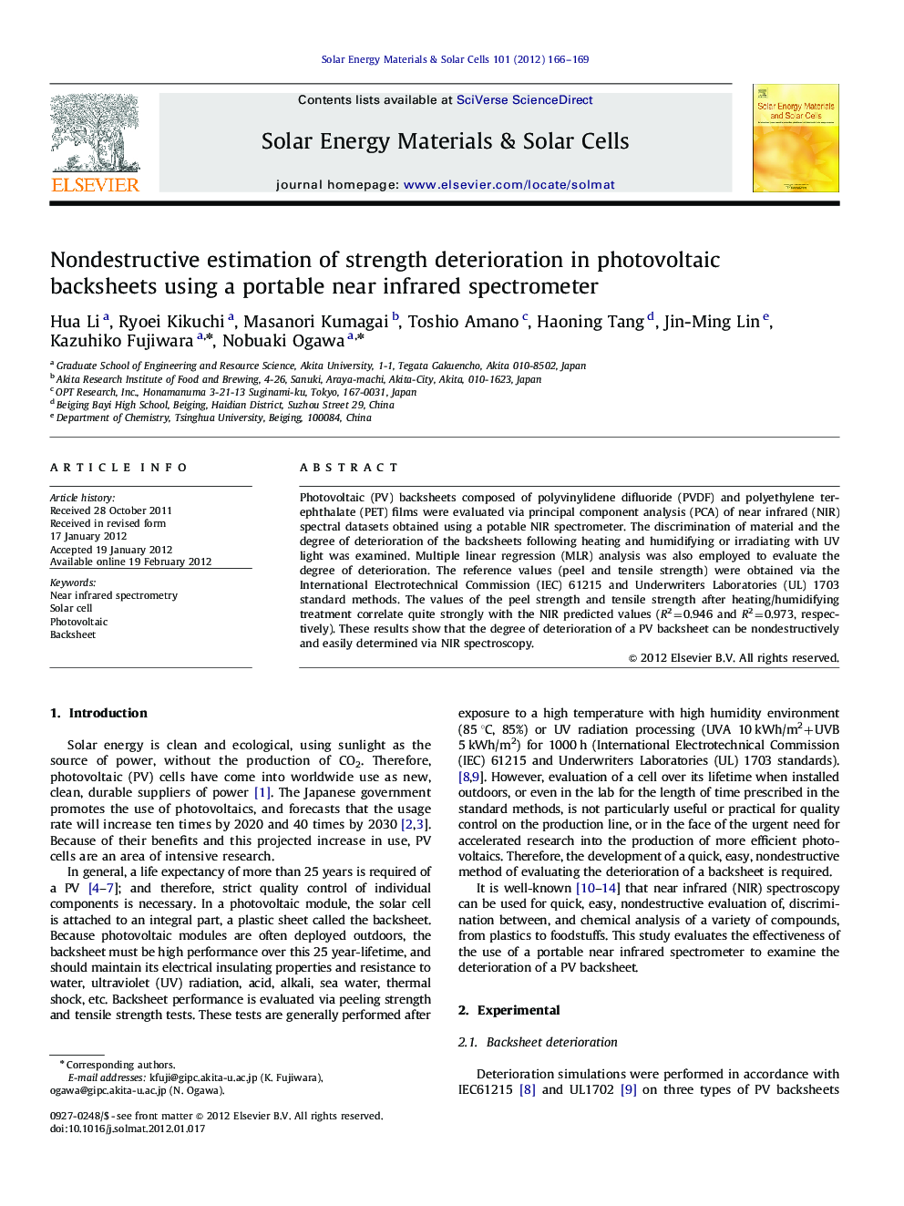 Nondestructive estimation of strength deterioration in photovoltaic backsheets using a portable near infrared spectrometer