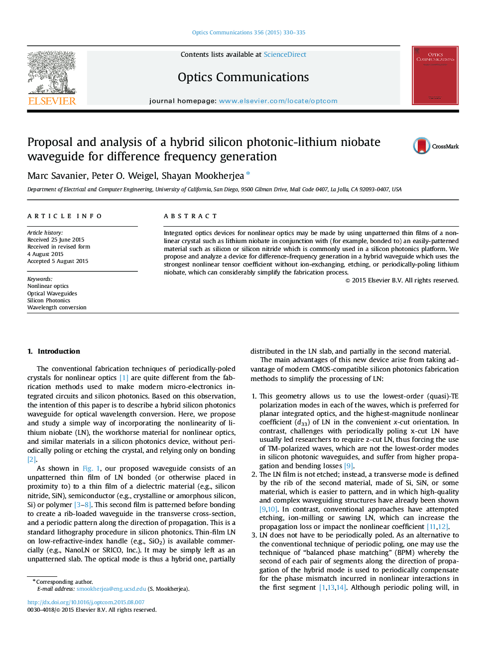 پیشنهاد و تجزیه و تحلیل یک موجبر نوری سیلیکون فوتونی - لیتیوم هیبریدی برای تولید فرکانس 
