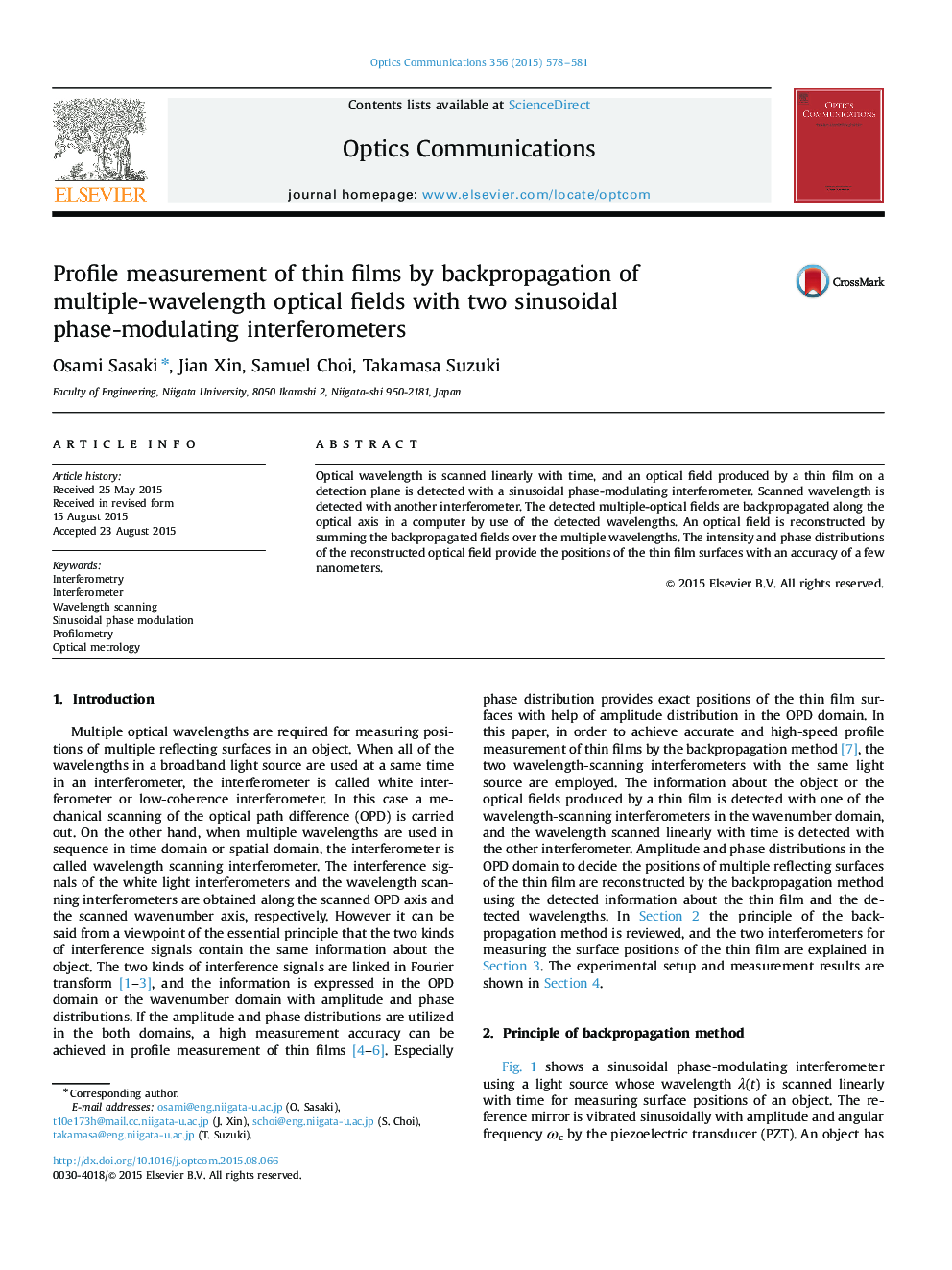 Profile measurement of thin films by backpropagation of multiple-wavelength optical fields with two sinusoidal phase-modulating interferometers