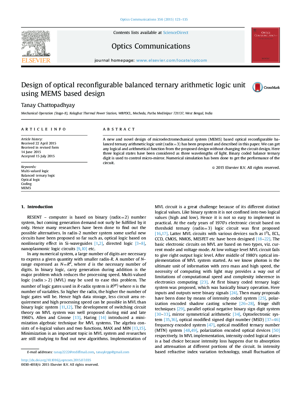 Design of optical reconfigurable balanced ternary arithmetic logic unit using MEMS based design