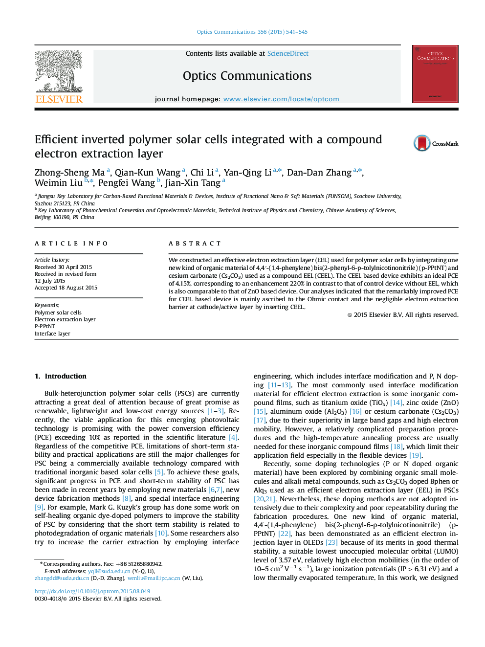 Efficient inverted polymer solar cells integrated with a compound electron extraction layer