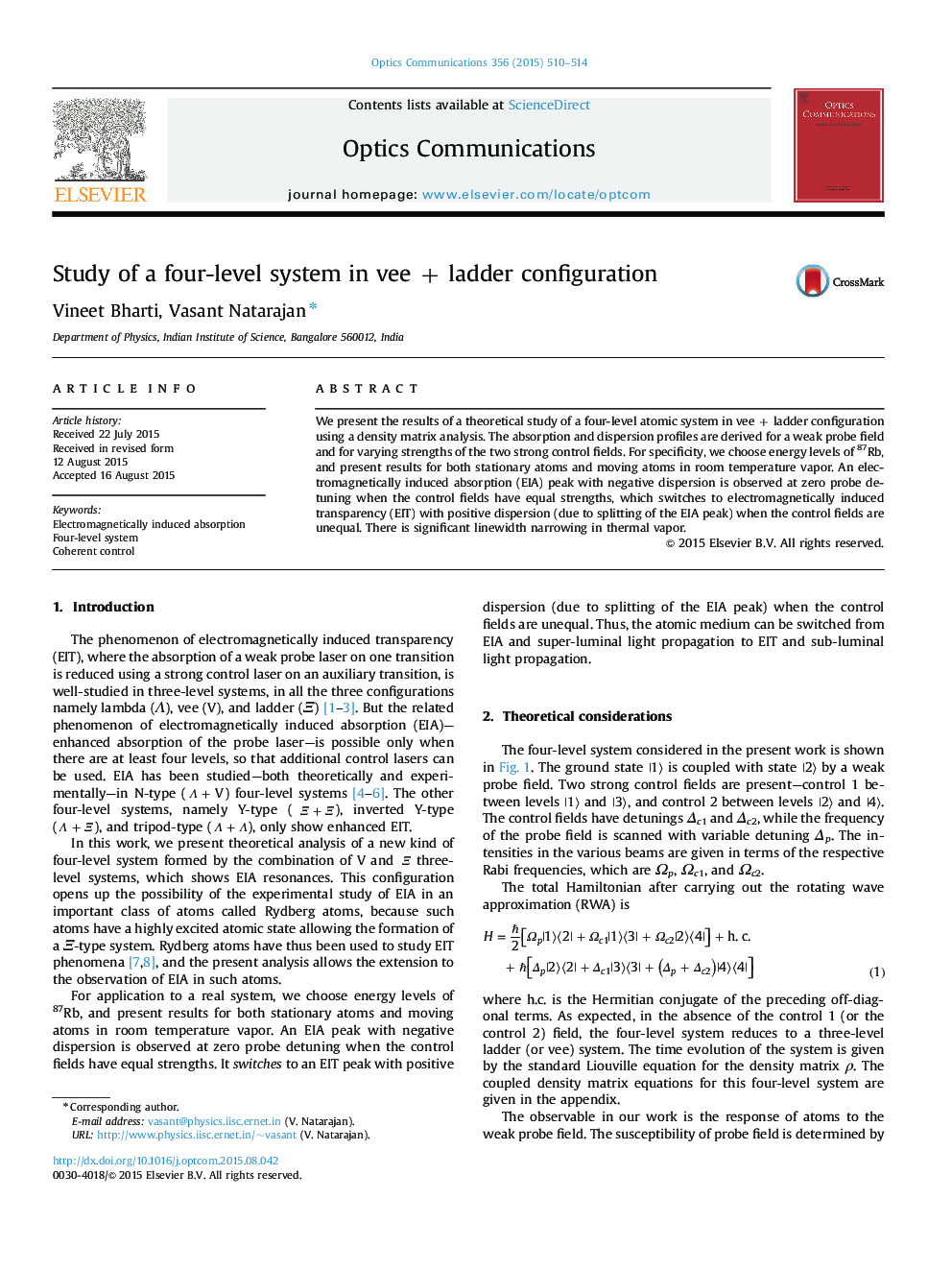 Study of a four-level system in vee + ladder configuration