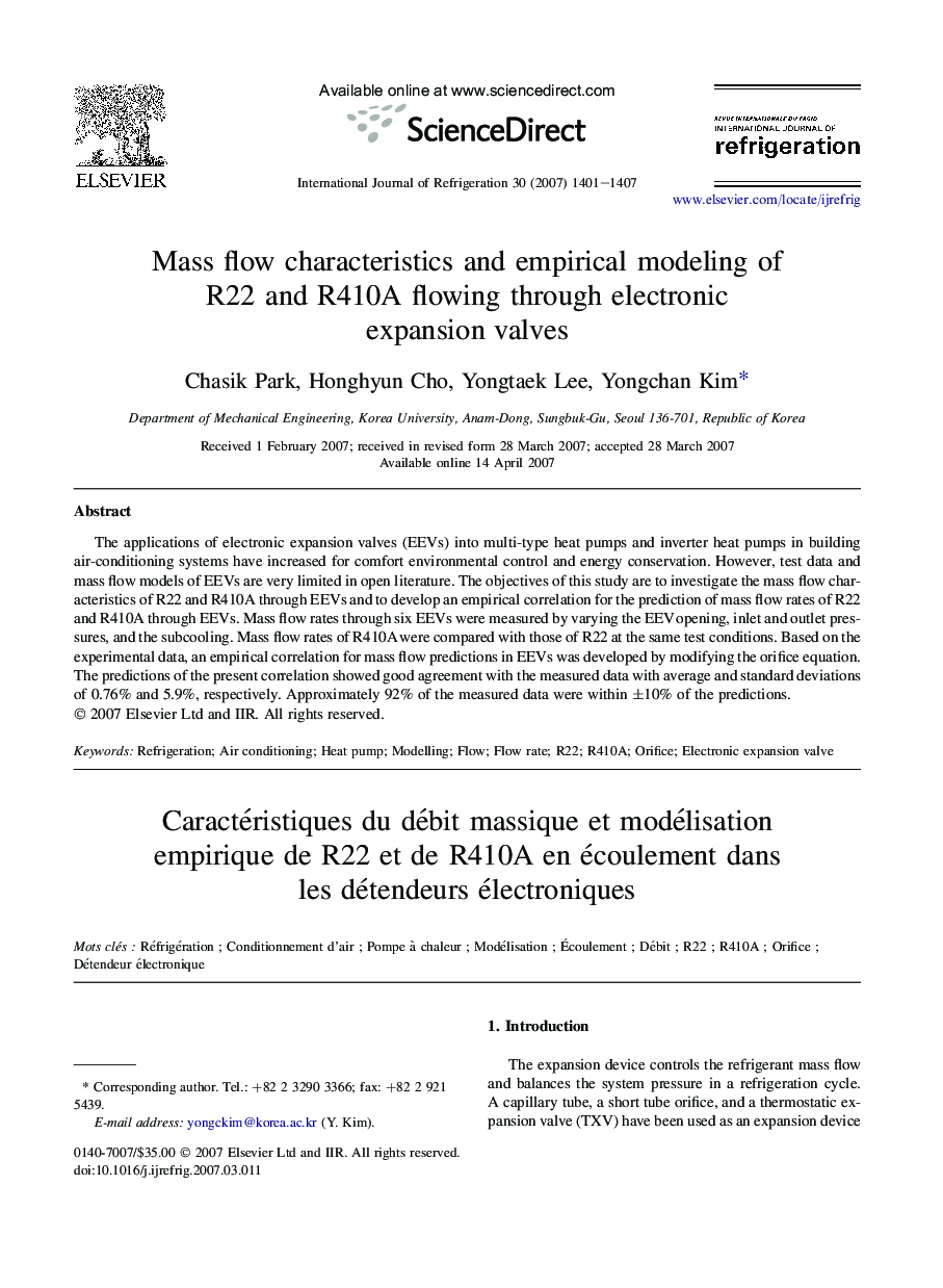 Mass flow characteristics and empirical modeling of R22 and R410A flowing through electronic expansion valves