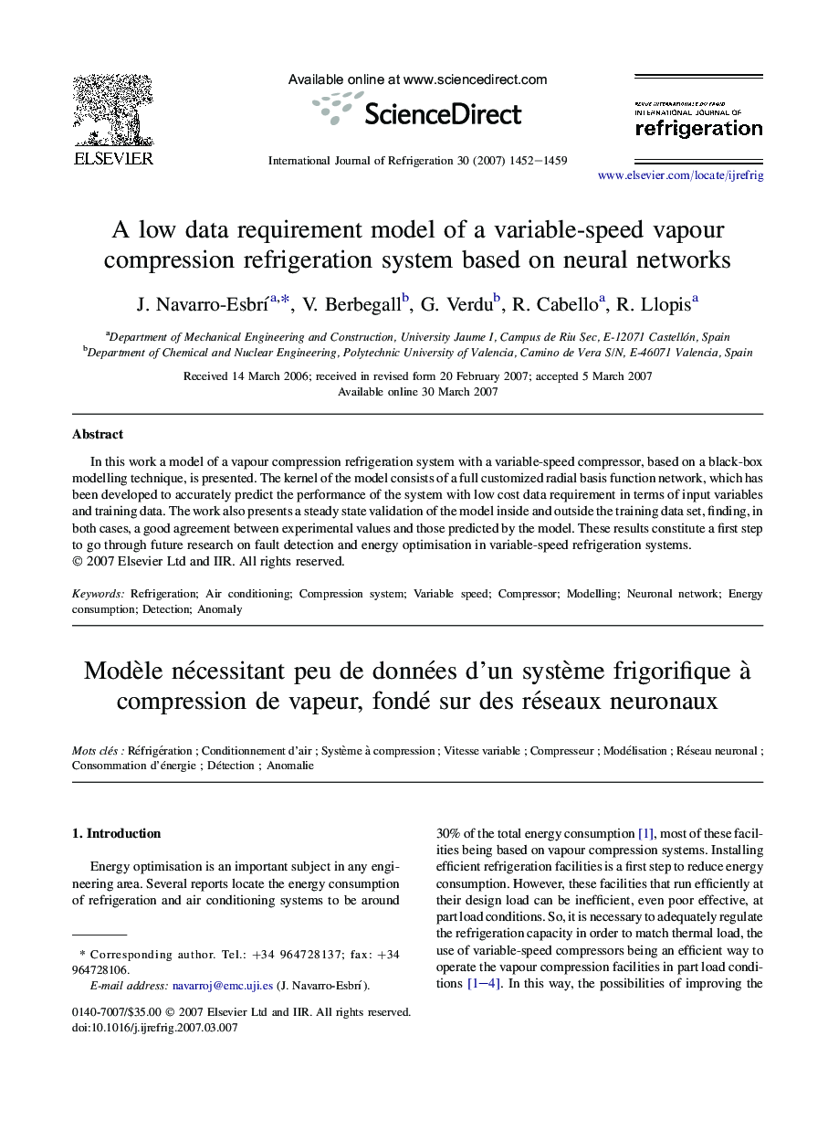 A low data requirement model of a variable-speed vapour compression refrigeration system based on neural networks
