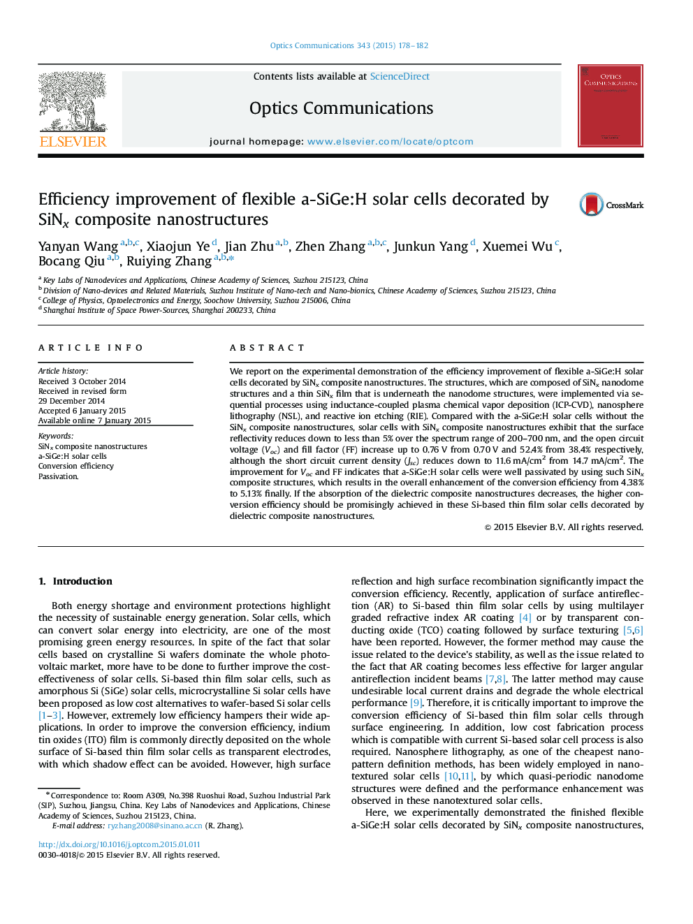 Efficiency improvement of flexible a-SiGe:H solar cells decorated by SiNx composite nanostructures