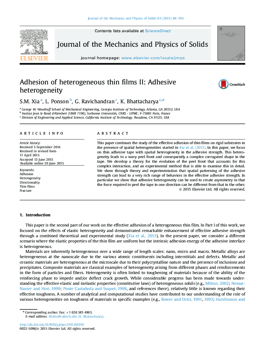 Adhesion of heterogeneous thin films II: Adhesive heterogeneity