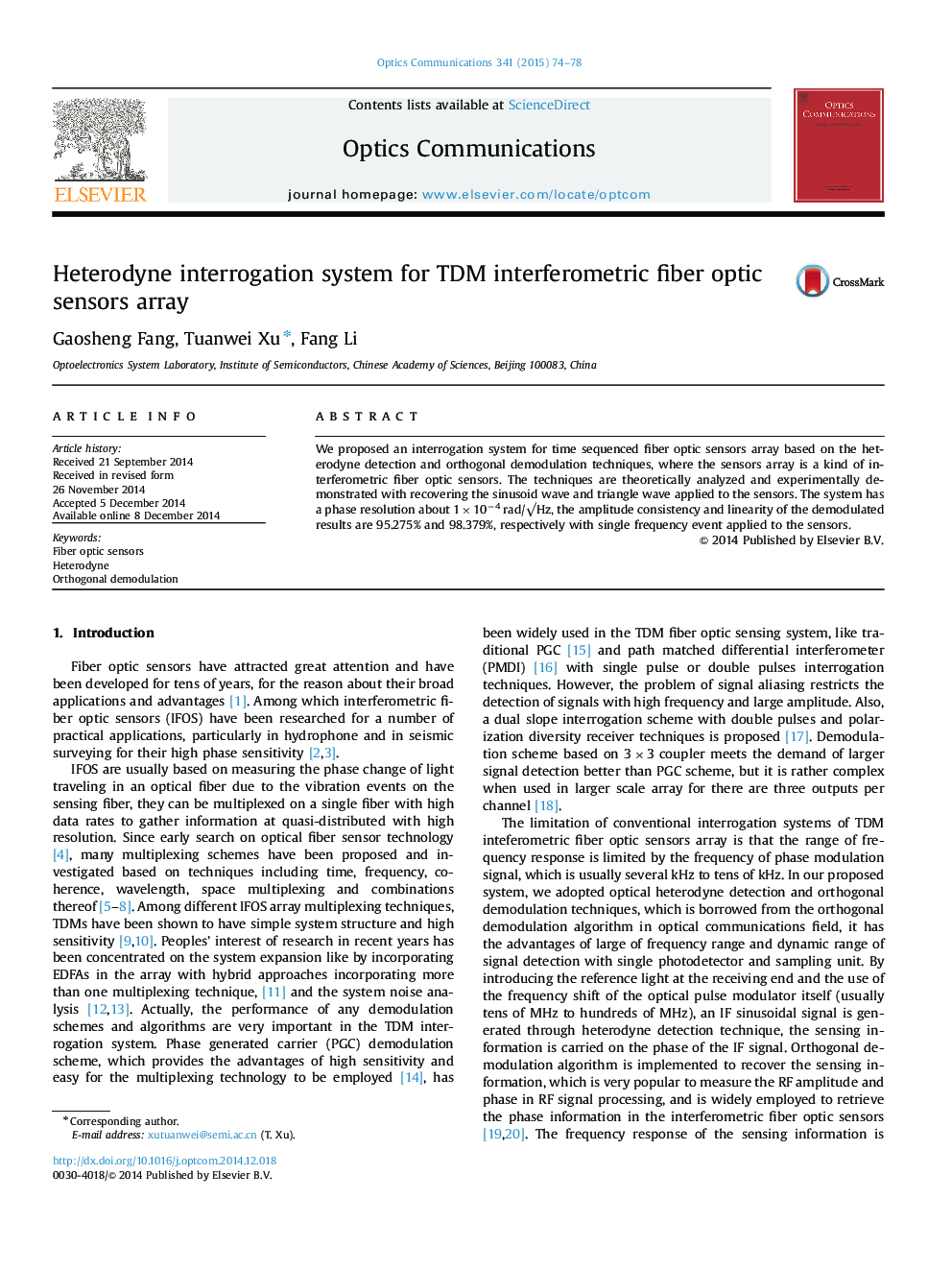 Heterodyne interrogation system for TDM interferometric fiber optic sensors array