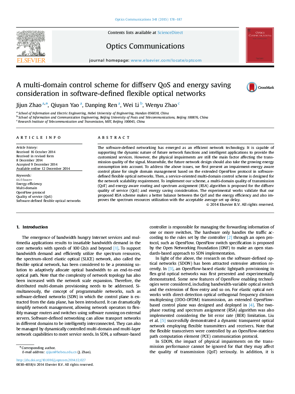 A multi-domain control scheme for diffserv QoS and energy saving consideration in software-defined flexible optical networks