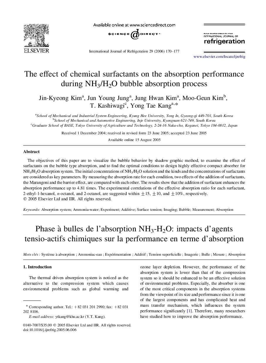 The effect of chemical surfactants on the absorption performance during NH3/H2O bubble absorption process