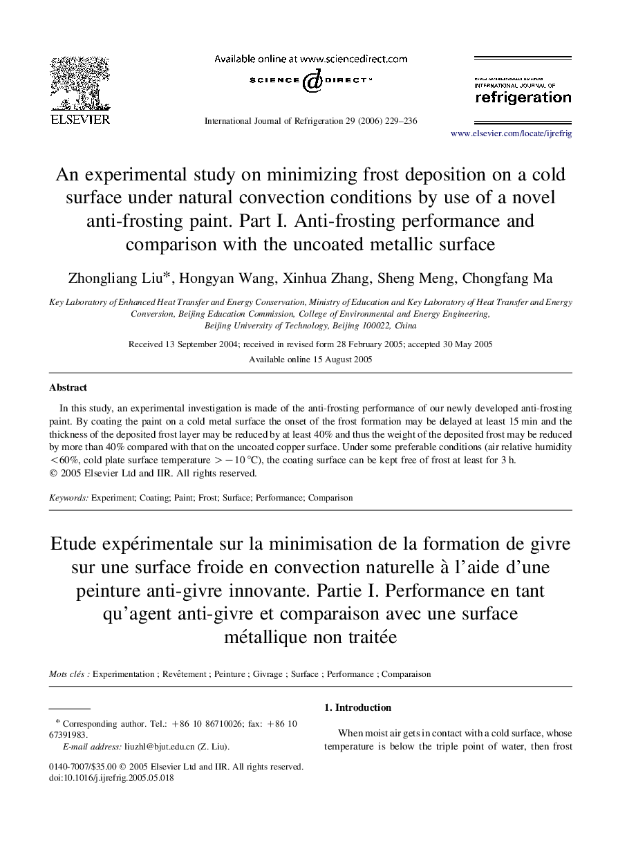 An experimental study on minimizing frost deposition on a cold surface under natural convection conditions by use of a novel anti-frosting paint. Part I. Anti-frosting performance and comparison with the uncoated metallic surface