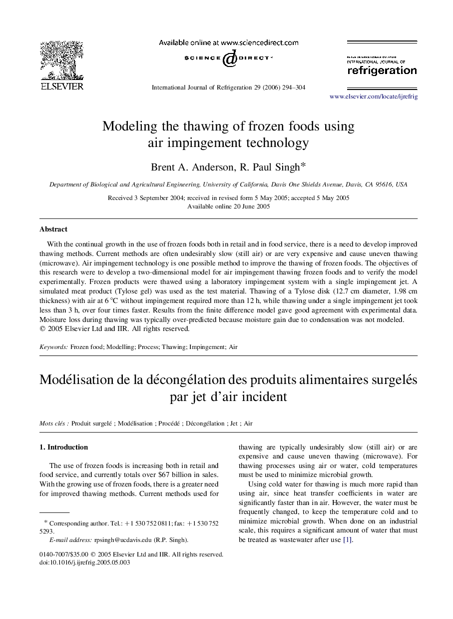 Modeling the thawing of frozen foods using air impingement technology