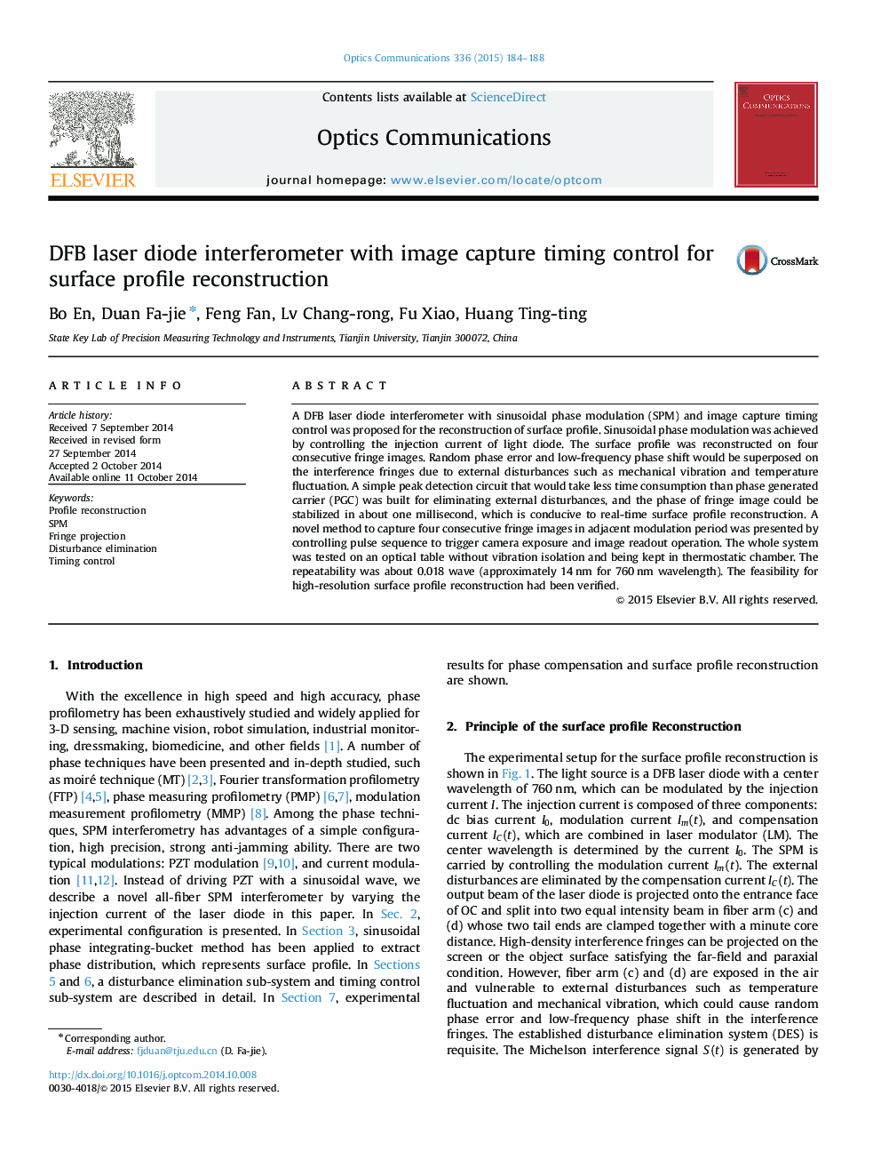 DFB laser diode interferometer with image capture timing control for surface profile reconstruction