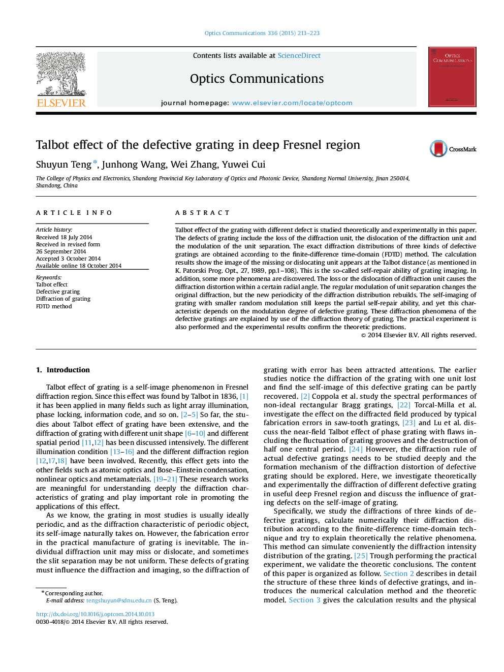 Talbot effect of the defective grating in deep Fresnel region