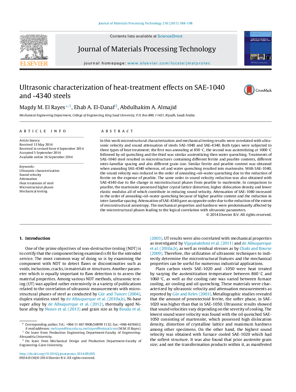 Ultrasonic characterization of heat-treatment effects on SAE-1040 and -4340 steels