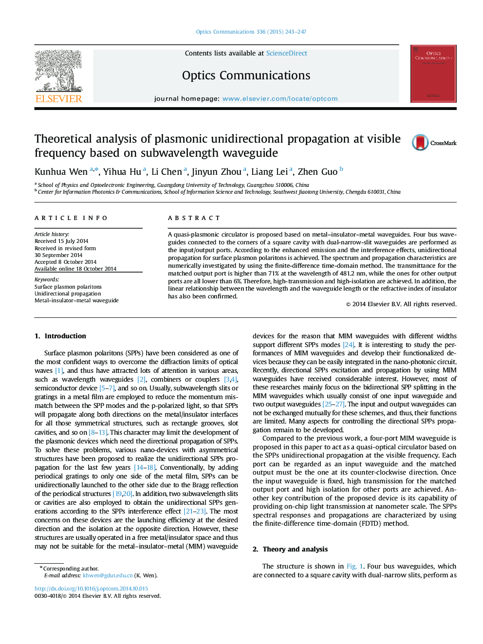 Theoretical analysis of plasmonic unidirectional propagation at visible frequency based on subwavelength waveguide