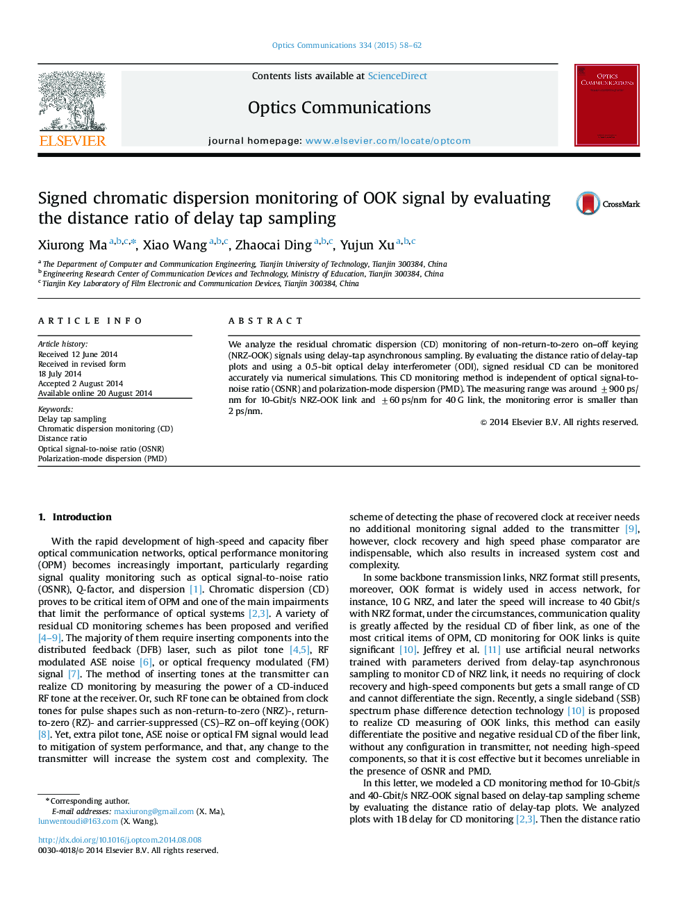 Signed chromatic dispersion monitoring of OOK signal by evaluating the distance ratio of delay tap sampling