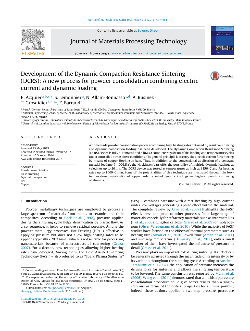 Development of the Dynamic Compaction Resistance Sintering (DCRS): A new process for powder consolidation combining electric current and dynamic loading