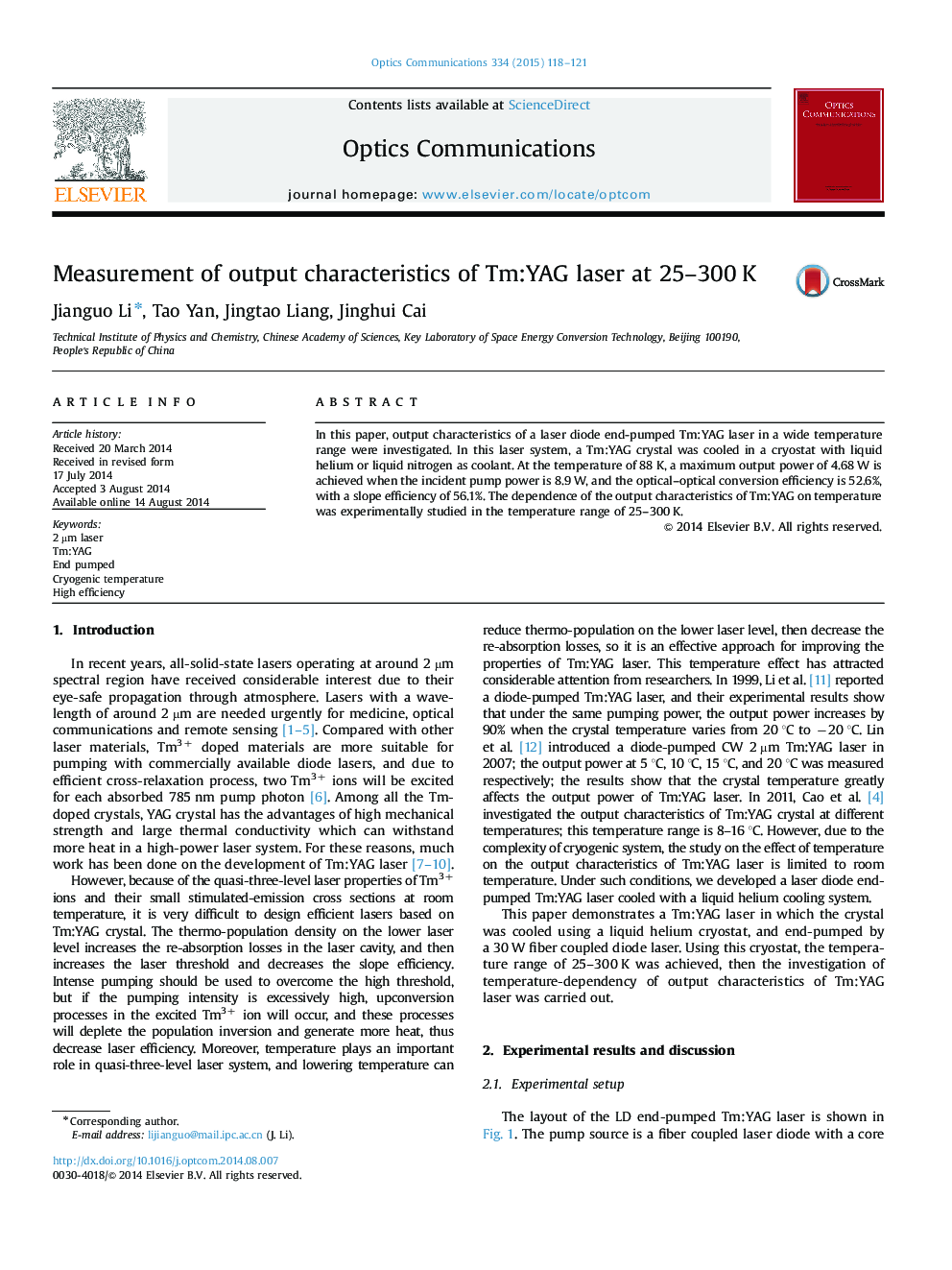 Measurement of output characteristics of Tm:YAG laser at 25-300Â K