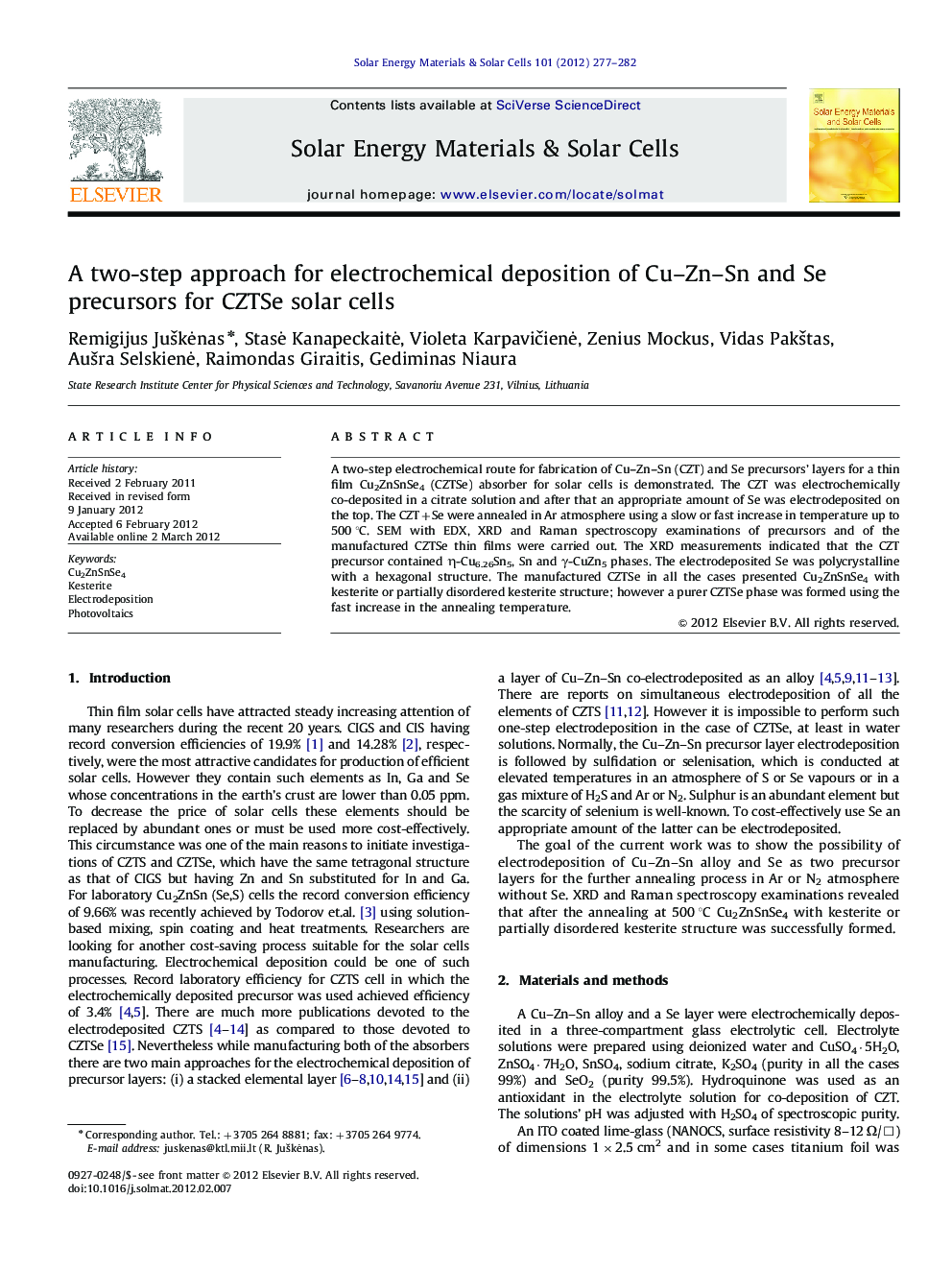 A two-step approach for electrochemical deposition of Cu–Zn–Sn and Se precursors for CZTSe solar cells