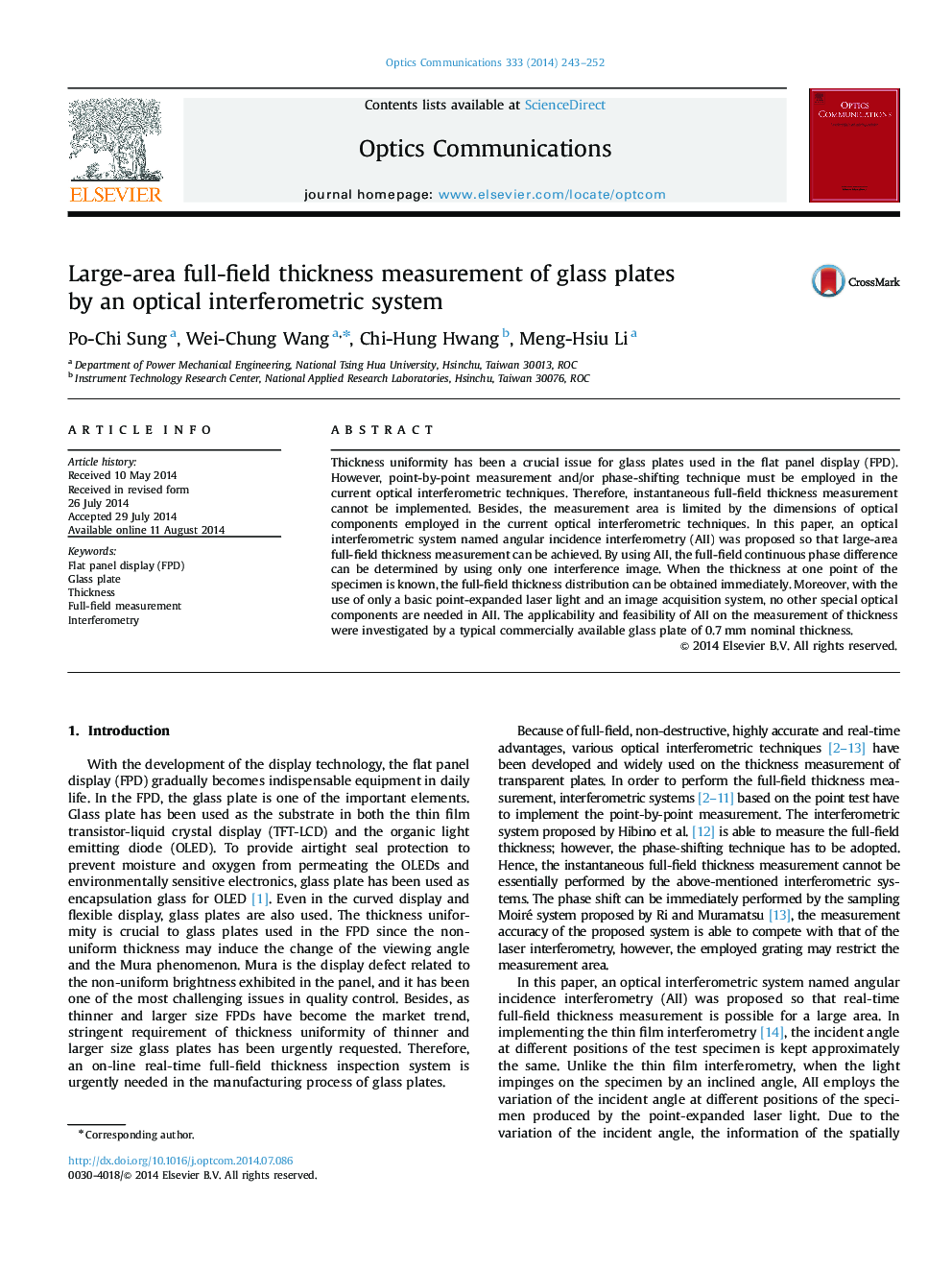 Large-area full-field thickness measurement of glass plates by an optical interferometric system