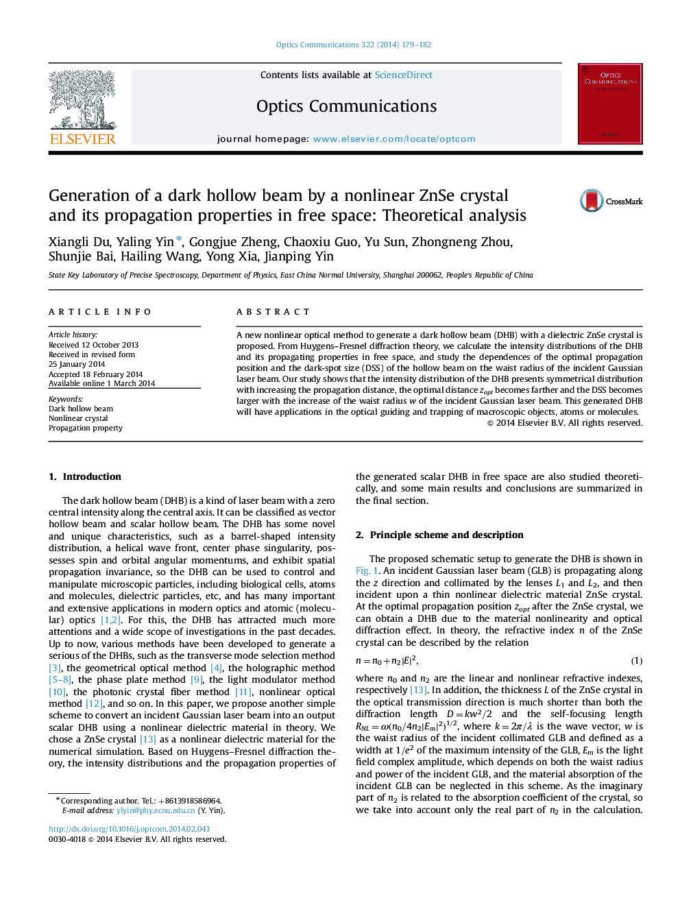 Generation of a dark hollow beam by a nonlinear ZnSe crystal and its propagation properties in free space: Theoretical analysis