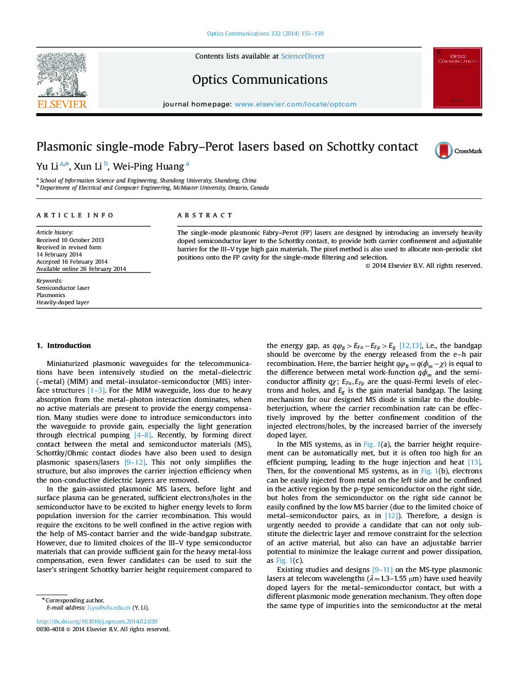 Plasmonic single-mode Fabry-Perot lasers based on Schottky contact