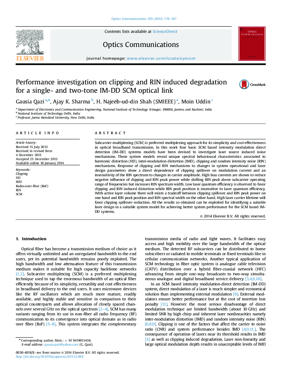 Performance investigation on clipping and RIN induced degradation for a single- and two-tone IM-DD SCM optical link