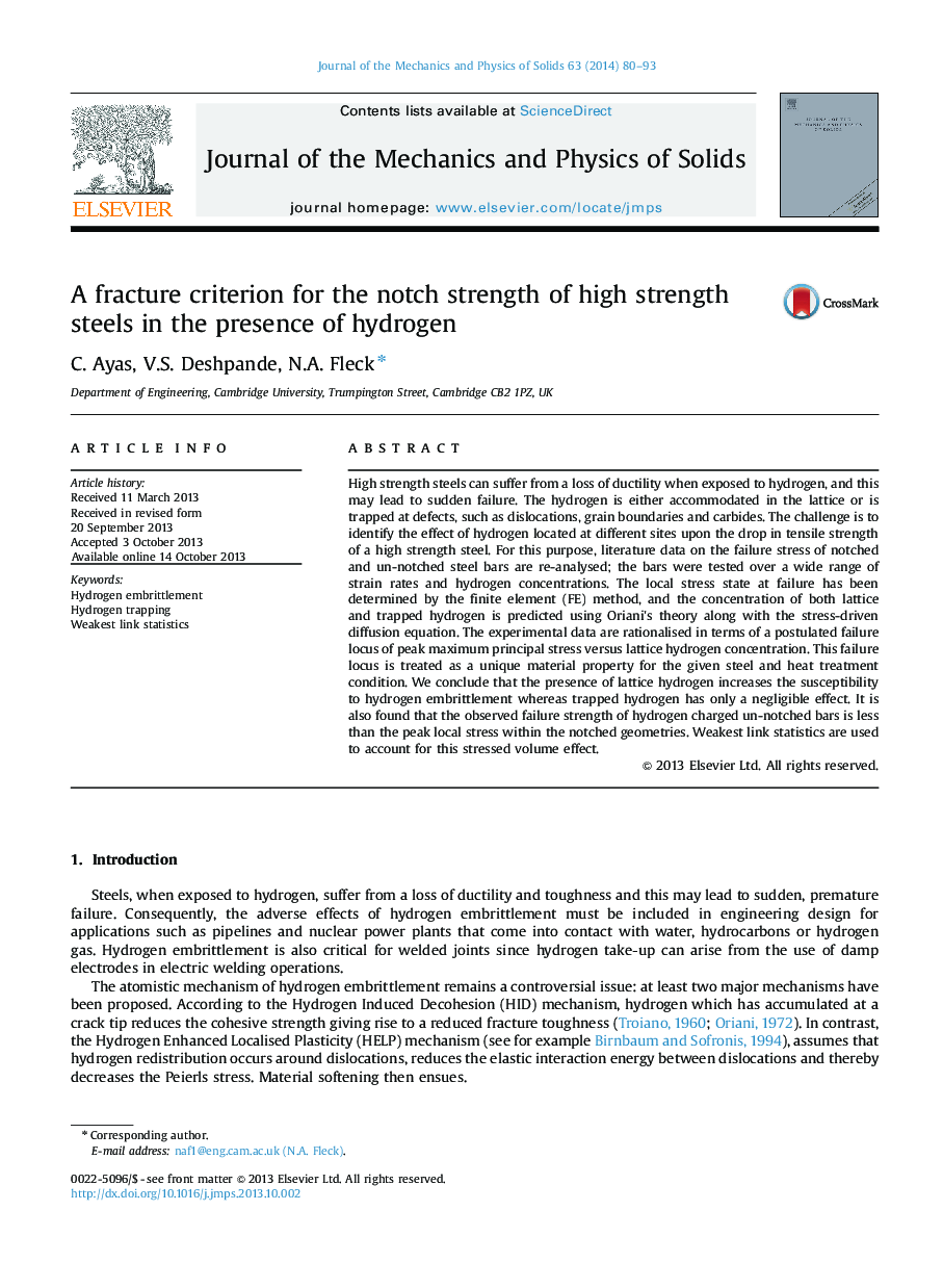 A fracture criterion for the notch strength of high strength steels in the presence of hydrogen